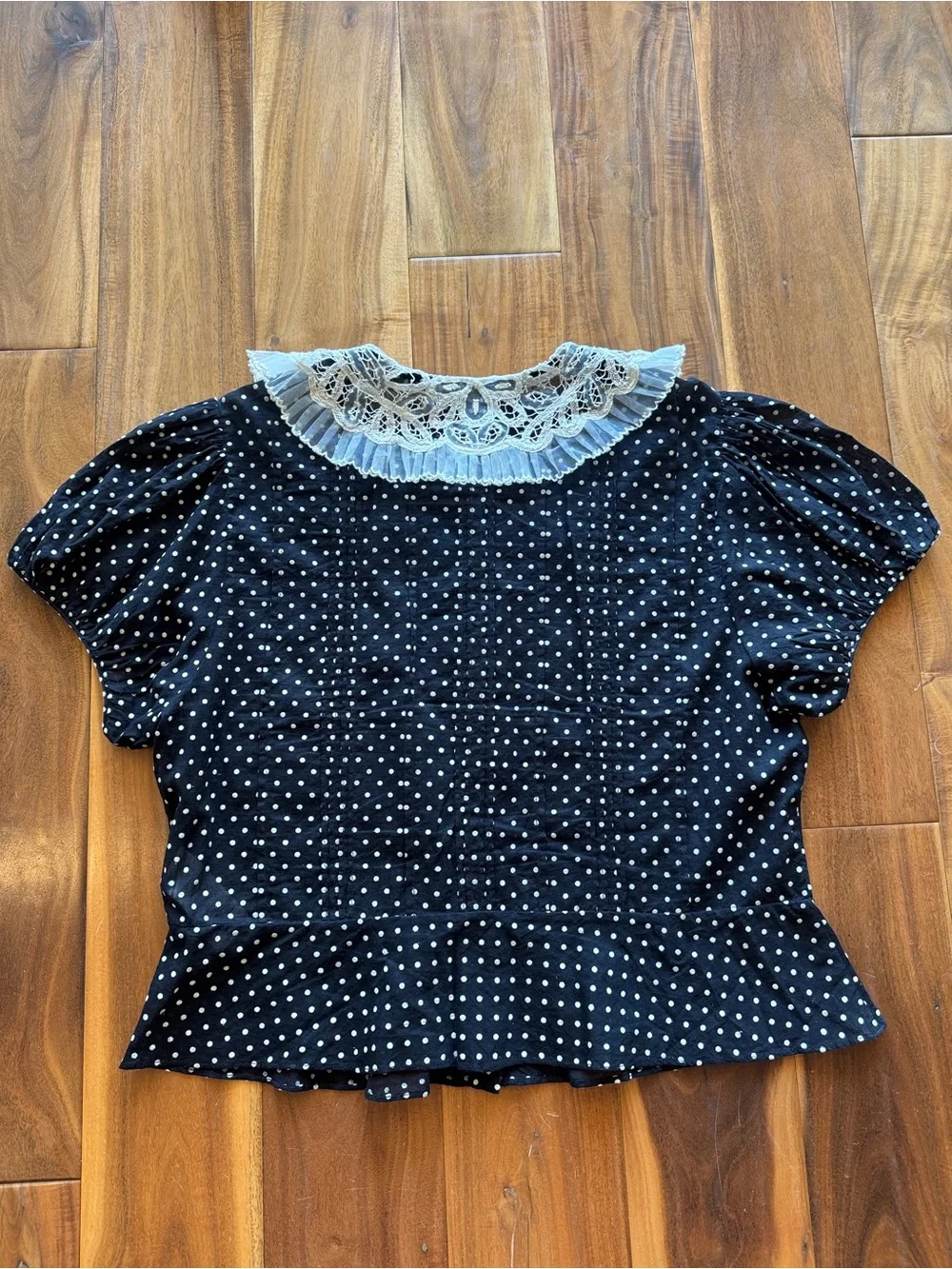Doen Oleta blouse Lace-Collar Puff Sleeve Polka Dot Top 100% cotton